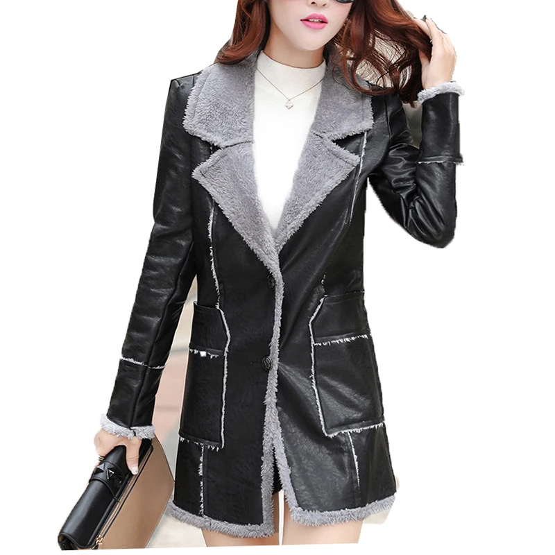Женская длинная куртка из ПУ кожи теплая овчины и ягненка Осень зима|leather jacket