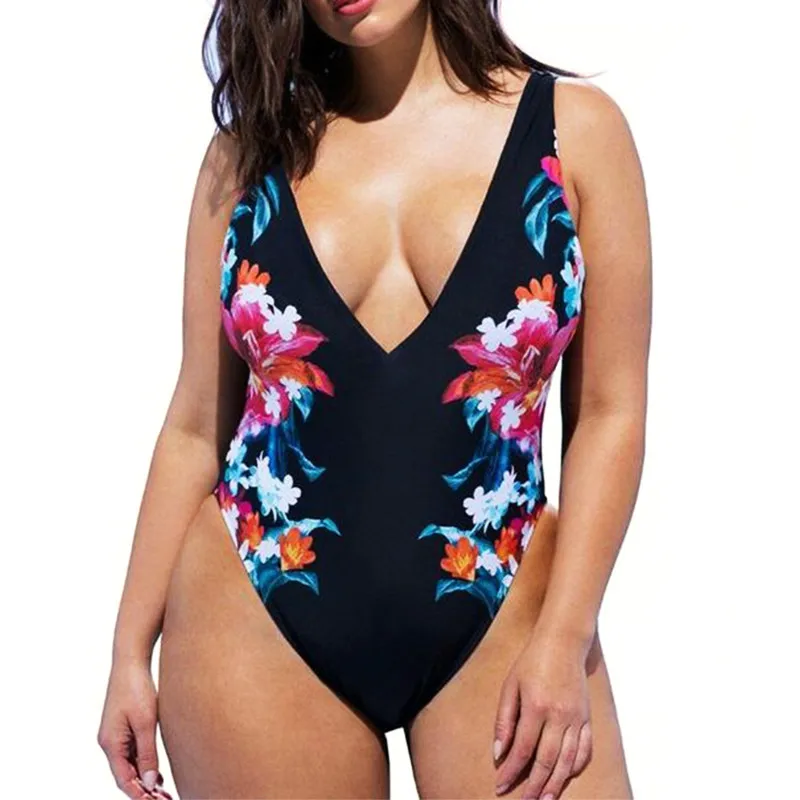 Sexy Deep Plunge V Neck Black Floral Bathing Suit Monokini High Cut Thong Big Large Plus Size Swimwear Women One Piece Swimsuit | Спорт и