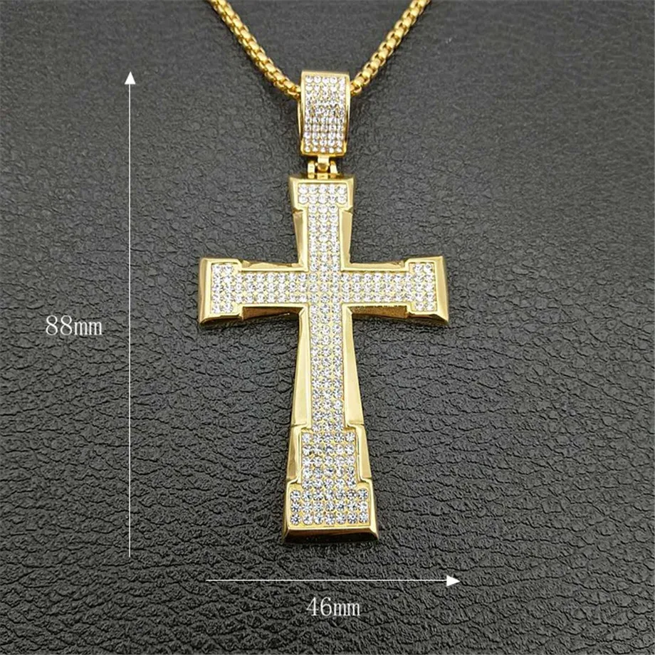 Мужской крест Христос кулон хип хоп ювелирные изделия со стразами Bling золотого цвета крестик подвесной ожерелье цепь XL1301