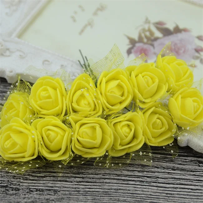 Yellow 144 шт 2 см Искусственный Мини-Поролоновый букет цветов розы многоцветные свадебные цветочные украшения искусственные цветы для скрапбукинга венок - Цвет: Yellow