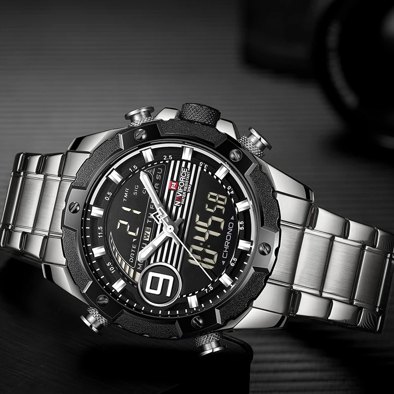 Топ люксовый бренд NAVIFORCE мужские спортивные часы мужские кварцевые цифровые аналоговые часы мужские модные полностью стальные водонепроницаемые наручные часы