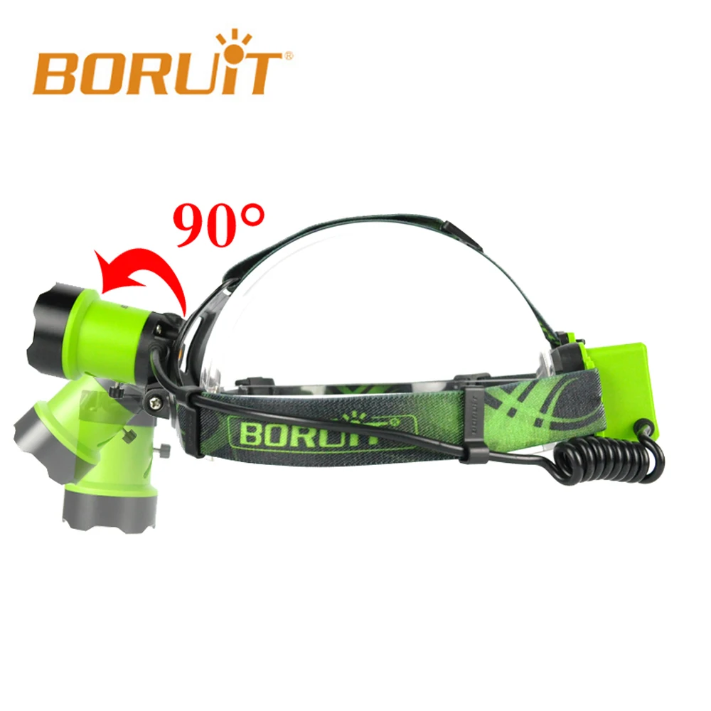 Boruit B13 светодиодный налобный фонарь, перезаряжаемый, масштабируемый головной свет, водонепроницаемый зум-фонарь, XM-L2 6000лм, зеленый Flasglight, 4 режима