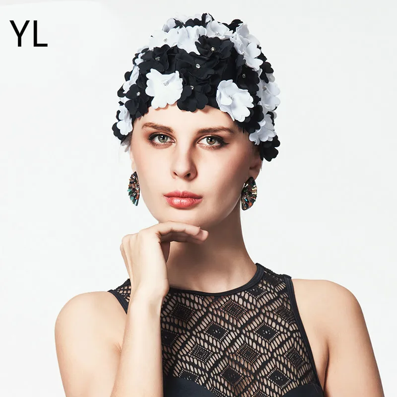 Горячий бренд черный прибытие шапочка для плавания с цветами для женщин шапочка для плавания для длинных волос цветы Хрустальные шапочки для ванной сексуальные плавать ming cap s