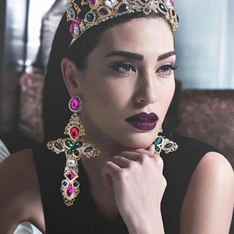 Gorgeous Gothic Rhinestone Crystal Big Cross Earrings for Women Fashion Baroque Drop Dangle Ethnic Jewelry | Украшения и