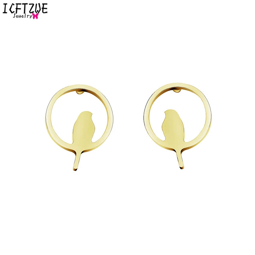 

ICFTZWEc Bijoux Brincos Circle Bird and Birdcage Stud Earring Famous Brand Stainless Steel Earrings for Women