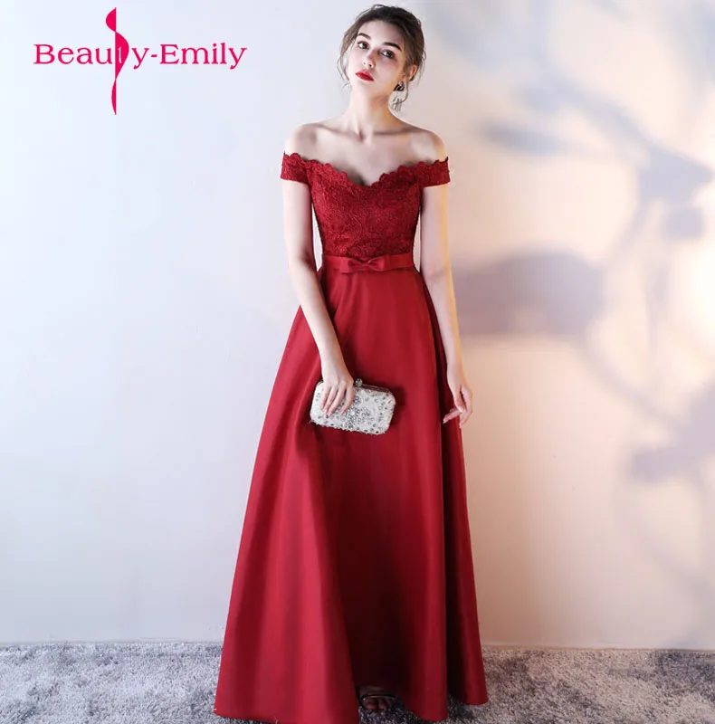 

Beauty Emily Long wine red Prom Dress Vestido de Festa Floor Length Party Gown Evening Dress Boat Neck Prom Dresses 2018