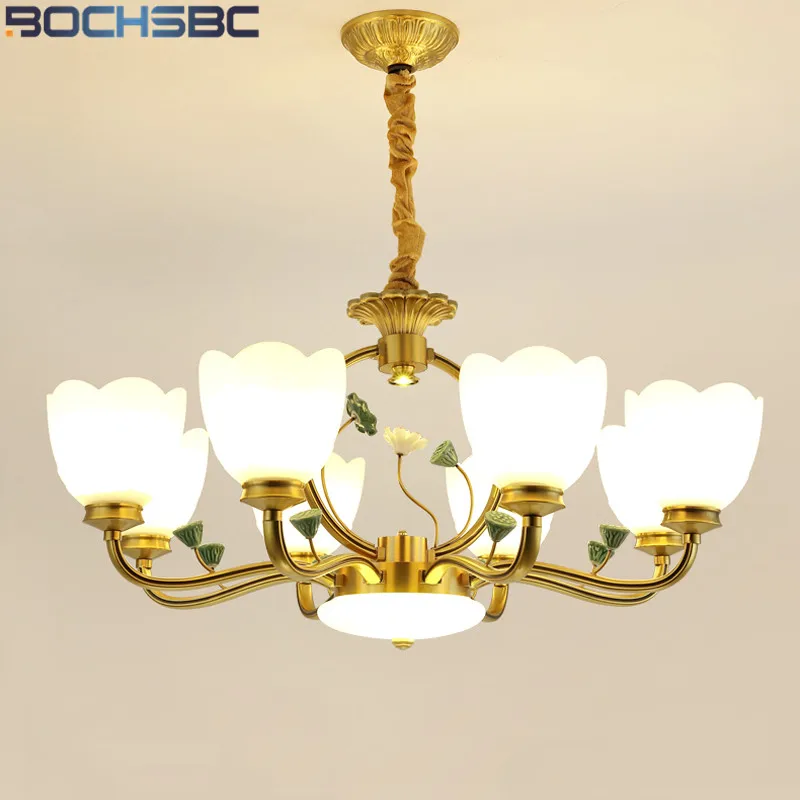 

BOCHSBCB Retro Copper Pendant Lamp Ceramic Hanging Lights Fixtures Chandelier Loft Lotus Hanglamp Light for Dining Room Bedroom
