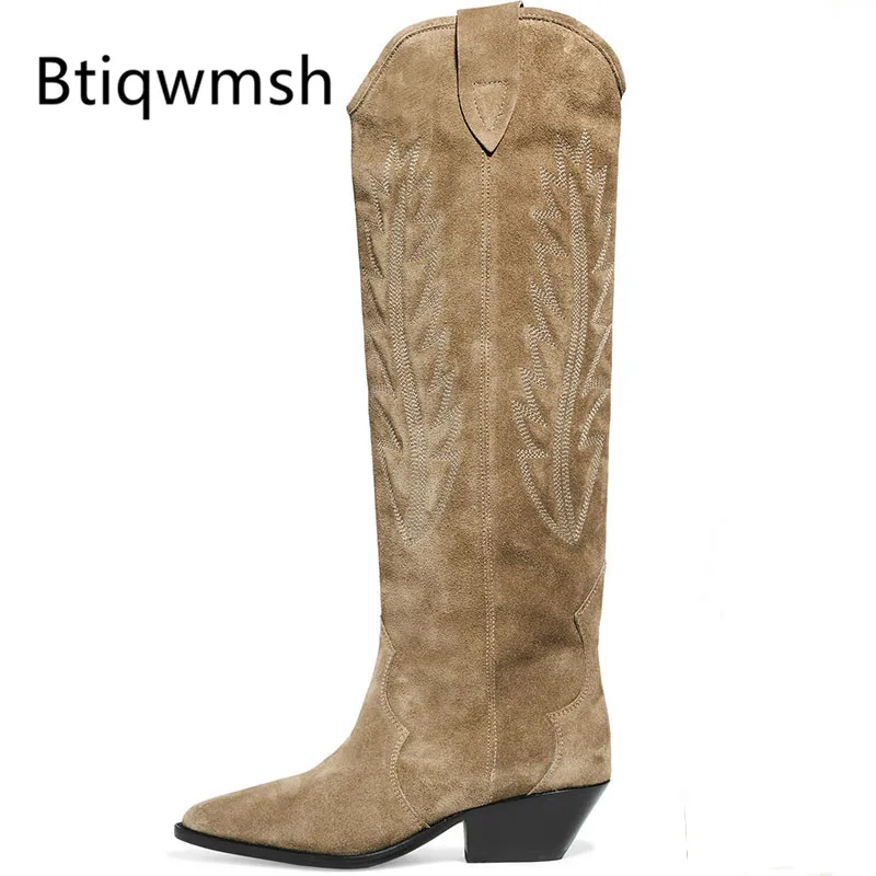 Женские замшевые сапоги до колена ковбойские с острым носком и цветочной