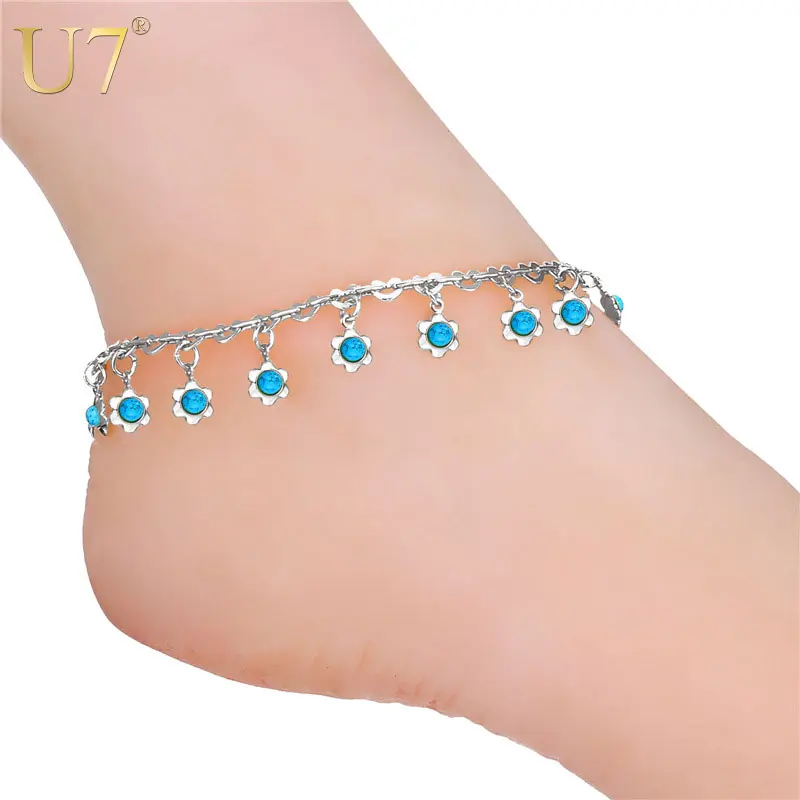 U7 Ножной Браслет Ювелирные Изделия Бирюзовый Цветок Лодыжки Браслеты На Ногу Для