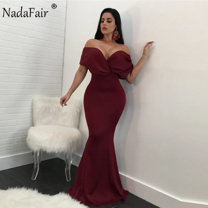 Бургундия Nadafair, с открытыми плечами, труба, женское, сексуальное, макси, вечерние, летнее, рукав летучая мышь, бодикон, длина до пола, длинное платье, Vestidos - Цвет: Бургундия