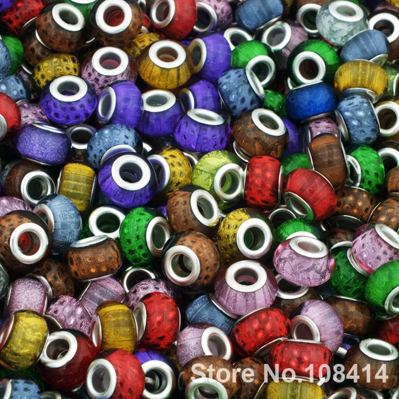 

100Pcs/Lot 14*8 MM Mixed Color Beads Silver Plated Colour Big Hole Loose Resin Charms DIY Bracelet Necklace Jewelry Accessories