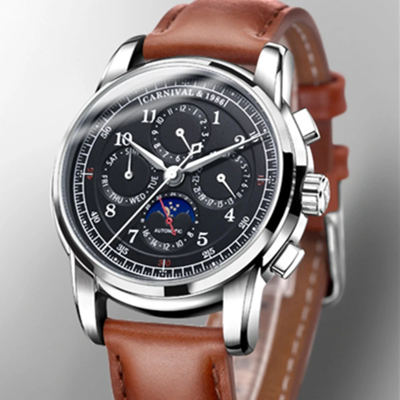 Карнавальные автоматические часы для мужчин Moon phase, многофункциональные, relogio masculino, Лидирующий бренд, роскошные механические мужские часы из натуральной кожи