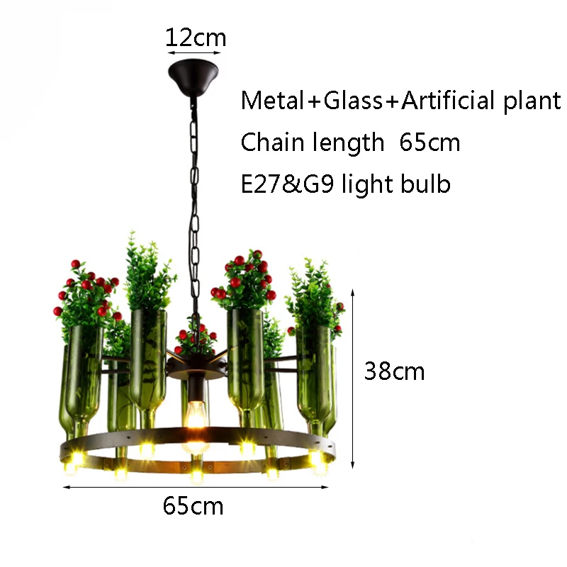 Кованое железо ретро промышленный подвесной светильник E27 стеклянная бутылка