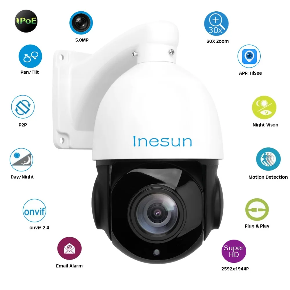 Inesun 5MP PoE PTZ IP камера Супер HD 2592x1944 наружная сеть Onvif скоростная купольная 30X зум 80 м