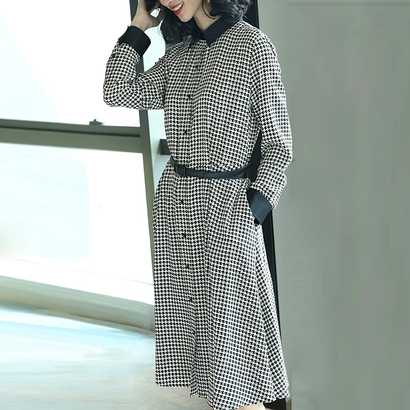 Платье женское длинное из 100% шелка с принтом и отложным воротником длинным