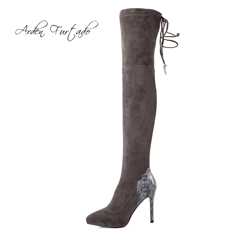 Arden Furtado fashion women's shoes 2019 pointed toe stilettos heels 10cm sexy over the knee grey boots elegant ladies booties | Обувь