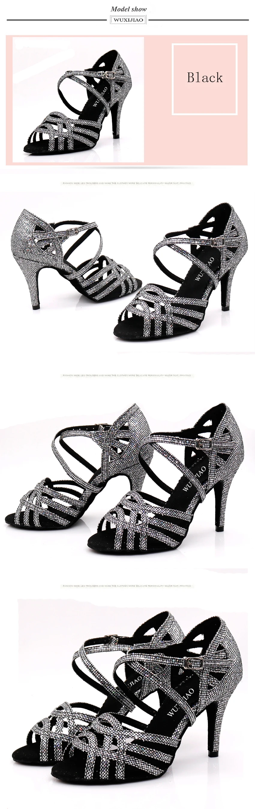 WUXIJIAO Women Party Dance Shoes Satin Shining rhinestones Soft Bottom Latin Dance Shoes Woman Salsa Dance Shoes heel5CM-10CM