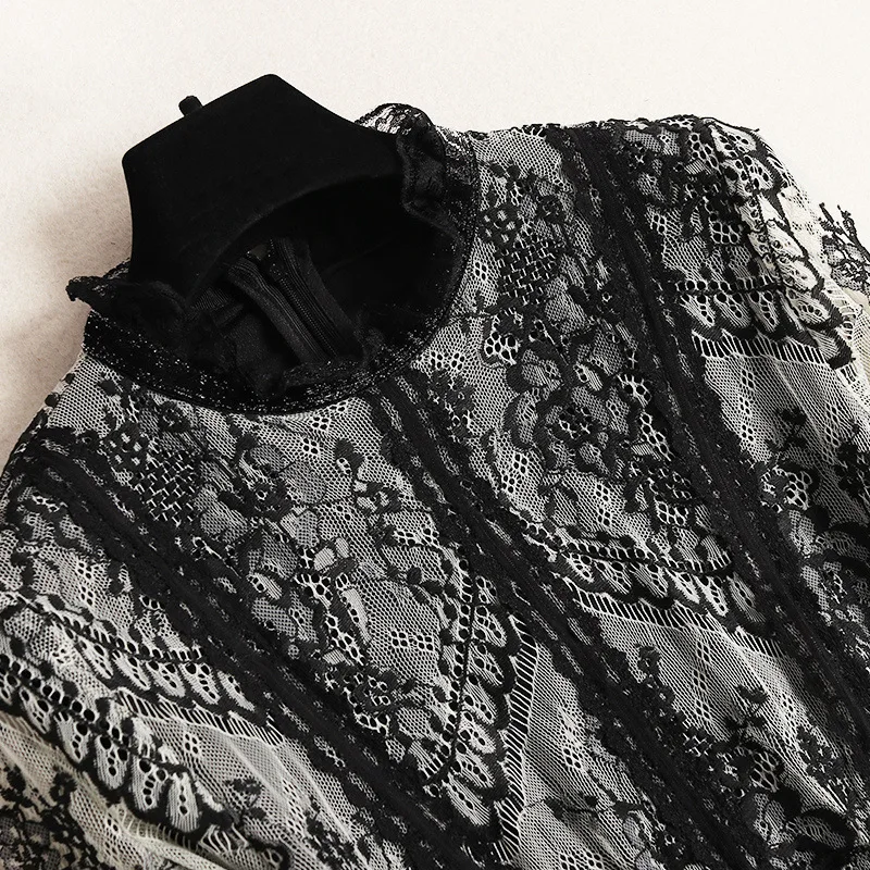 Women gothic style floral lace long dress ruffles sand collar flare sleeve high waist hollow out dresses new 2019 spring | Женская