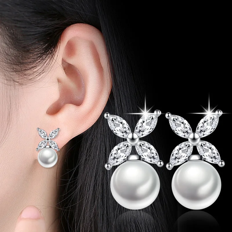 

100% 925 sterling silver fashion pearl shiny crystal ladies`stud earrings female jewelry women birthday drop shipping