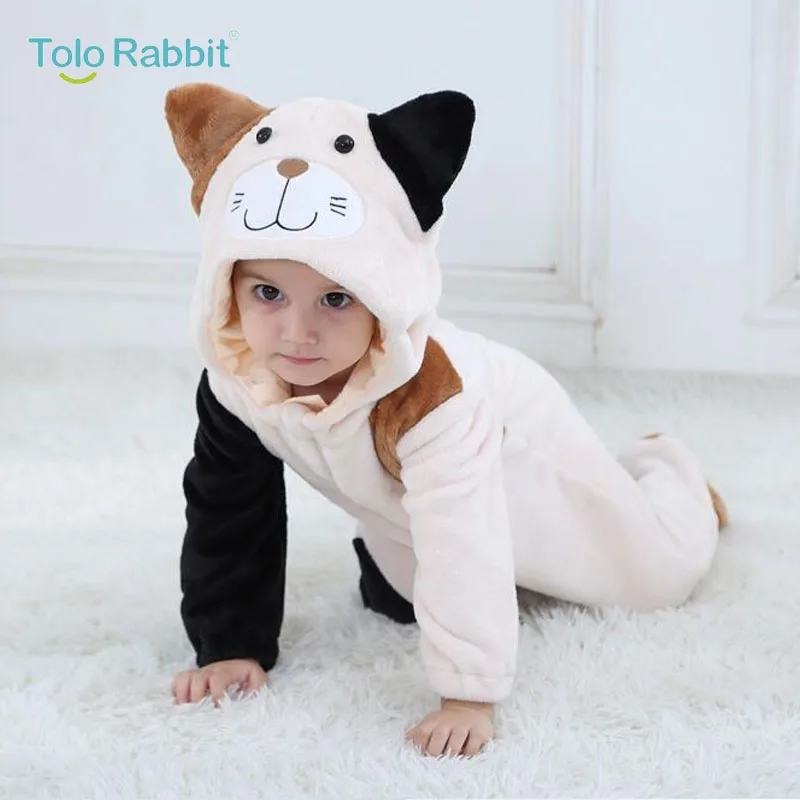 Baby Cartoon Rompers Newborn Hooded Toddler Clothing Boys Girls Minions Animal Jumpsuit Playsuit Costume Flannel Baby Rompers - Цвет: Beige Cat