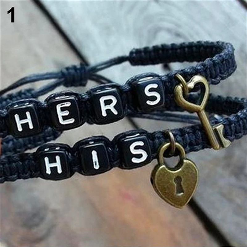 

2 Pcs Hot Adjustable Bracelets Set Hers His Words Charm Pendant Braid Alloy Tangle Handmade Bracelets With Key Lock Lover's Gift