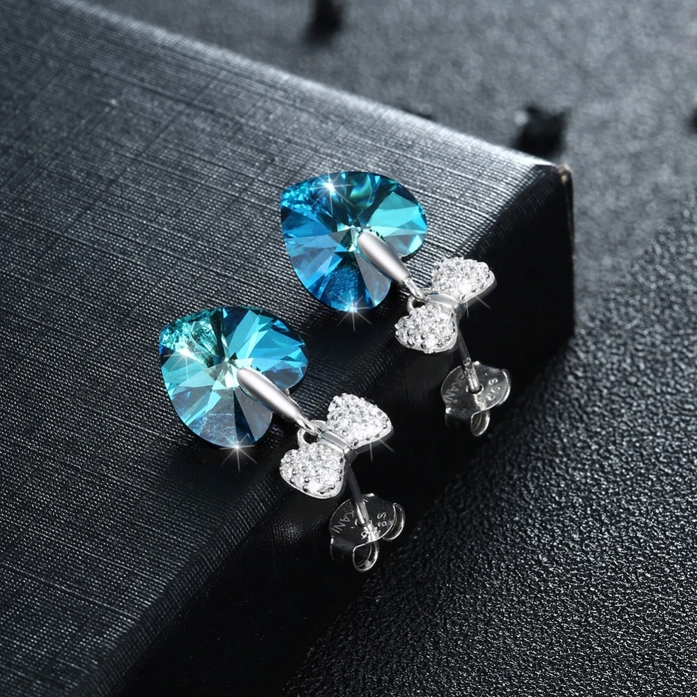 LEKANI кристаллы от SWAROVSKI подвесное сердечко серьги милый бант пирсинг для женщин Свадебные подарки для девочек S925 серебряные ювелирные изделия