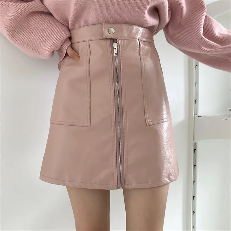 Alien Kitty Pink All Match PU Leather Zipper Pocket Women Slim Skirts High Waist Mini A-line Solid Simple Sexy Fresh | Женская одежда