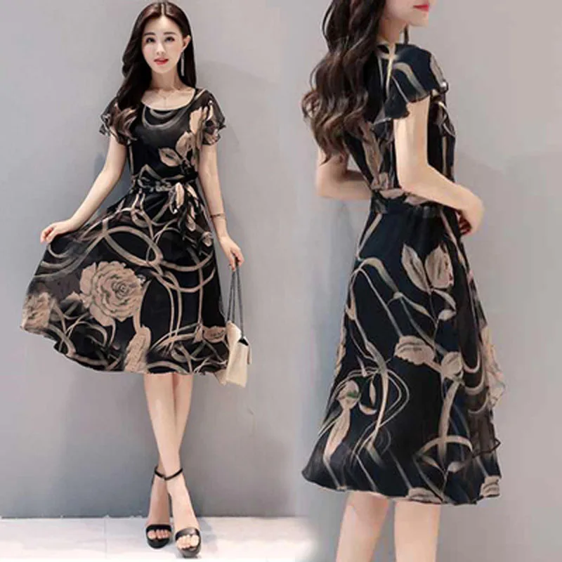 

Women Dress Floral Printed A-line Slim Fit U Neck Dress for Summer H9