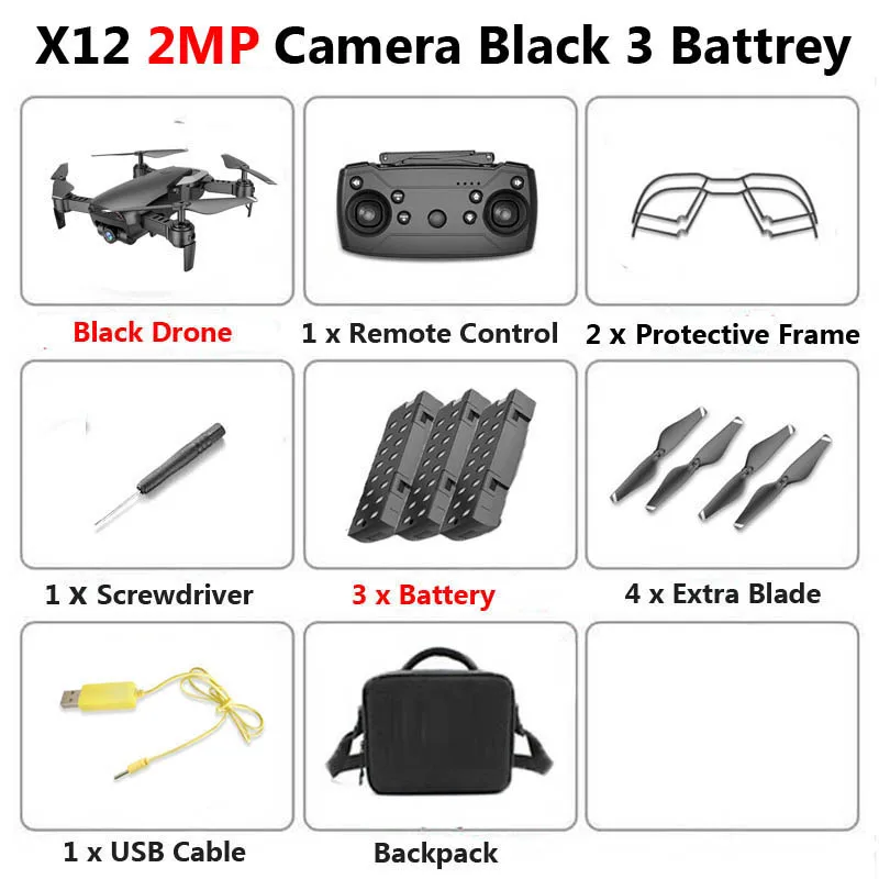 2MP Black 3B Bag X12 WiFi FPV Mini Foldable Drone Camera 0.3MP 2MP HD Optical Flow Aerial Video Profissional RC Quadcopter Helicopter Toys SG106 - Цвет: 2MP Black 3B Bag