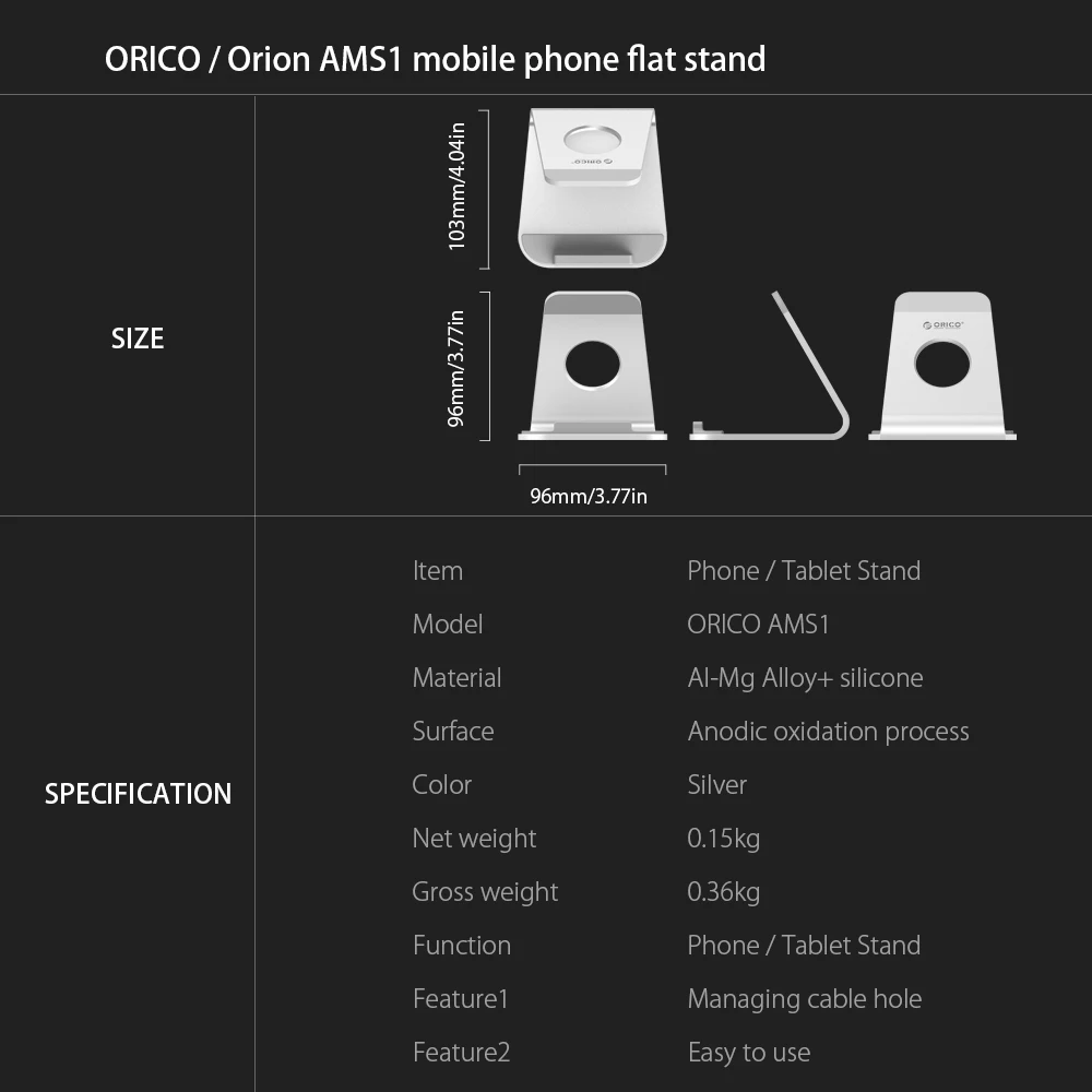ORICO AMS1 держатель для телефона из алюминиевого сплава подставка для планшета с отверстием для кабеля для телефона и планшета