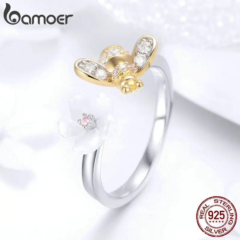 Женское серебряное кольцо BAMOER Bee из стерлингового серебра 925 пробы с кристаллами