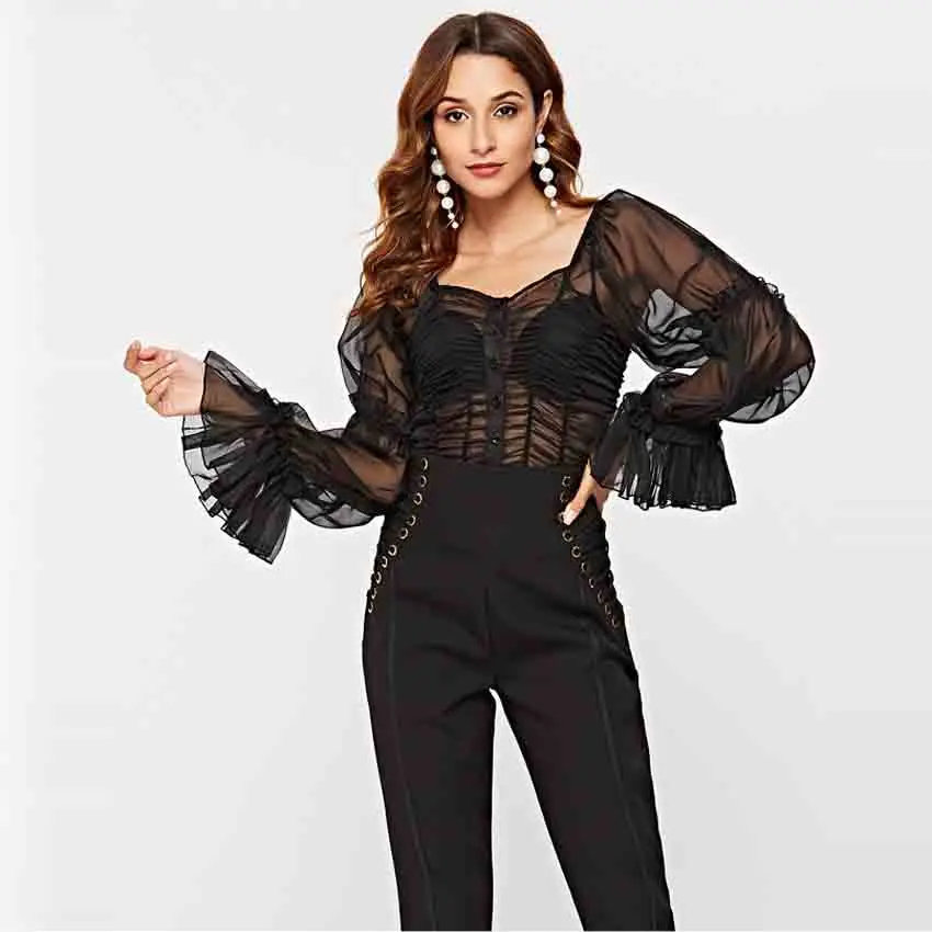 AIMENUNU Perspective Chiffon Crop Tops Female Flare Long Sleeve Pleated Lace Short Shirts Blouse Women Summer Fashion | Женская одежда