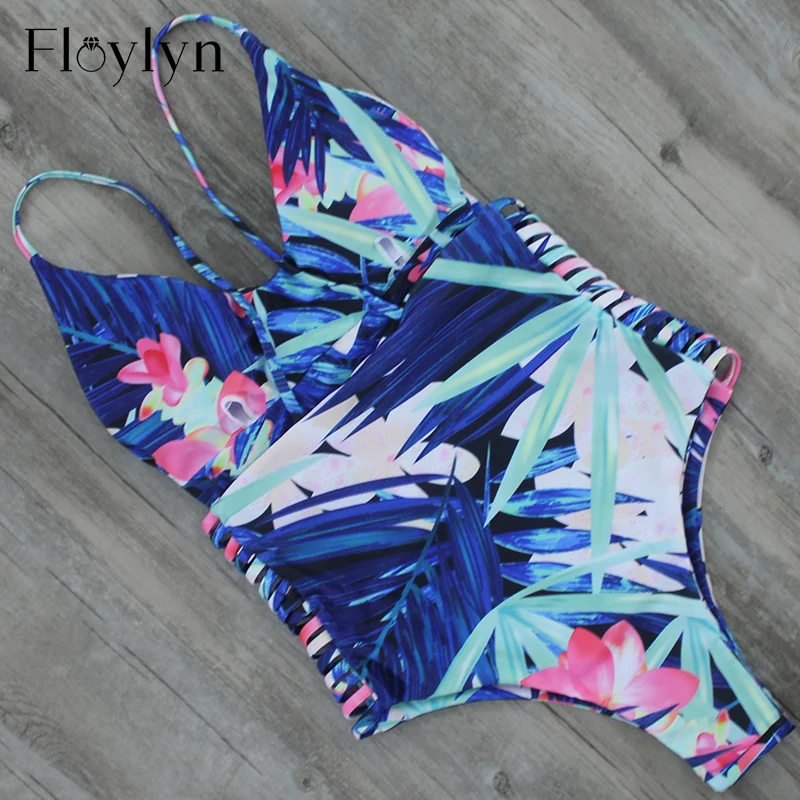 Floylyn Sexy One Piece Swimsuit Women Bandage Swimwear Leaf Flower Print Beach 2017 Bathing Suit Swim wear Monokini | Спорт и