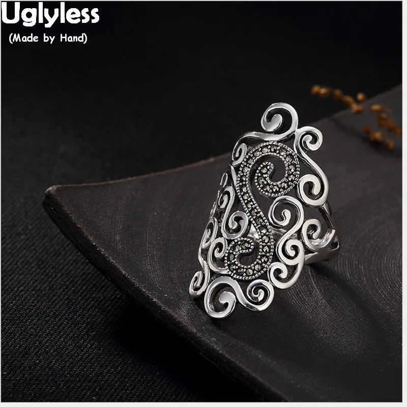 Uglyless Real S 925 пробы Серебряное кольцо на палец Marcasite женские открытые кольца