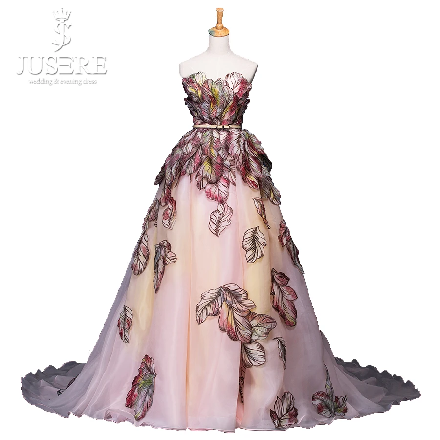 

Luxury Embroidery Train A line Women Formal Red Carpet Leaf Evening Dress Prom Dress 2018