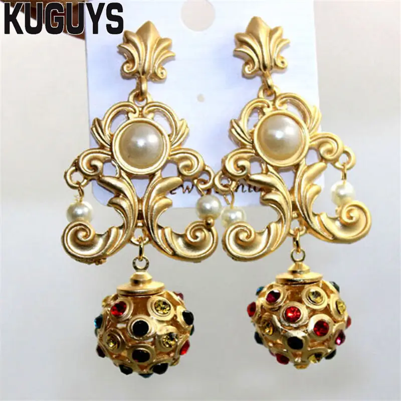 

KUGUYS Gold Vintage Pattern Ball Large Earrings for Womens Fashion Jewelry Baroque Pearl Drop Earring Wedding Party Accessories