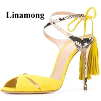 summer newest snakeskin pattern mixed color fringe peep toe sexy thin high heel fashion flock women sandals high quality