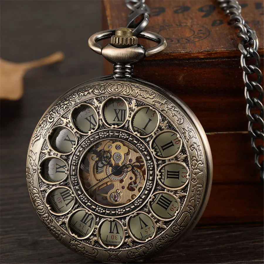 

Bronze Hollow Vintage Mechanical Pocket Watch Men Skeleton Carving Steampunk Fob Hand Watch With Chain Necklace Women Men Gift