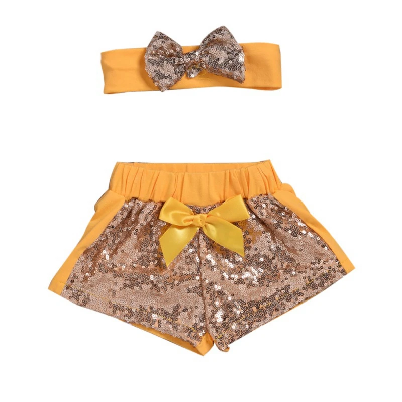 Летние модные дизайнерские шорты с блестками для маленьких девочек повязка на