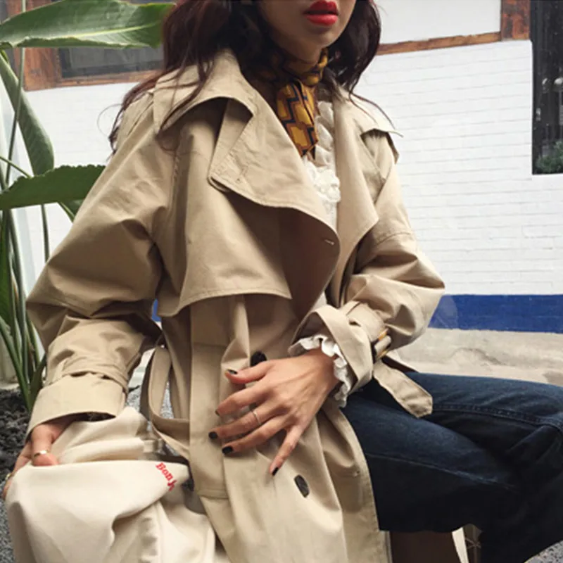 Женский двубортный тренчкот свободная ветровка средней длины с поясом модель R217