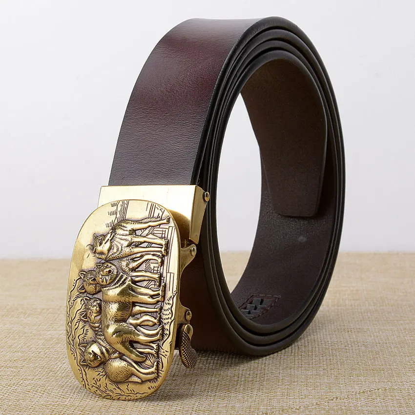 red brown gold buckl Новые брендовые дизайнерские ремни для мужчин, высокое качество, автоматический ремень, мужской кожаный ремень, повседневный поясной ремень с волчьей пряжкой - Цвет: red brown gold buckl