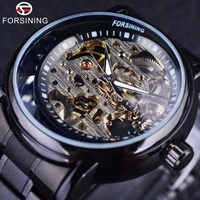 forsining 2016 new style half skeleton designer fashion full black stainless steel mens wathes top brand luxury automatic watch