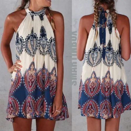 2015 Сексуальные женские летние пляжные платья для отдыха Boho Halterneck Шифоновый