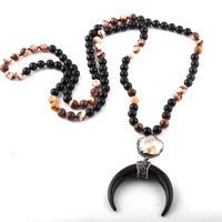 fashion 108 beads mala black stone knotted plum blossom crystal link black moon charm pendant necklace women yoga necklace