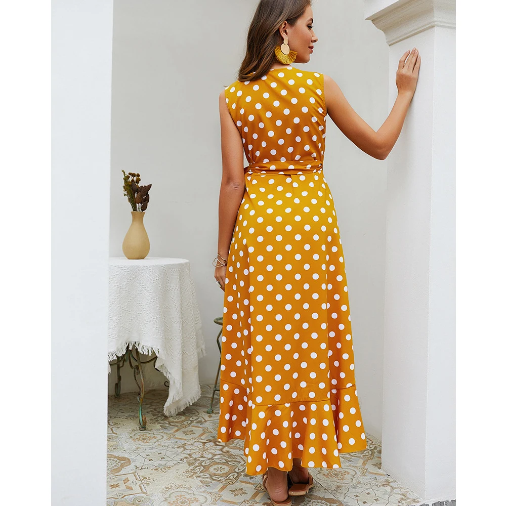 

Summer Woman's Fashion Maxi Dress Blue Sexy Sleeveless Off Shoulder Dress Casual Polka Dot Loose Beach Dress Elegant Party Dress