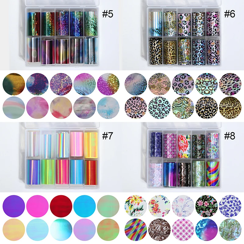 10 рулонов/набор лазерных фольг для ногтей смешанные матовые металлические