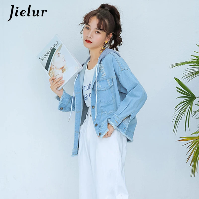 Jielur 2019 корейские женские куртки повседневные джинсовые бойфренды Осенние