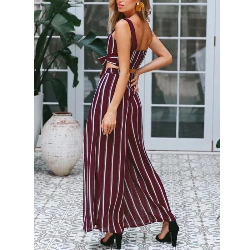 Casual Women 2 Pieces Set Office Lady Stripe Sleeveless Bow Tank Pants Summer Elegant Piece Korean Style | Женская одежда