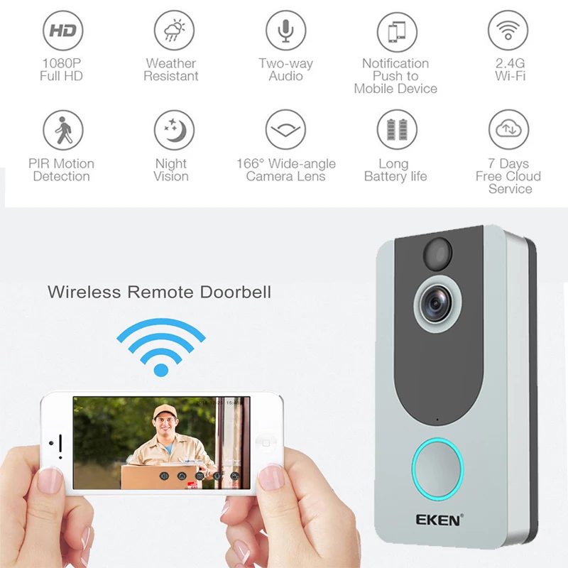 EKEN V7 door bell camera 1080P wifi doorbell IP Smart Wireless Security FIR Motion Detection Alarm Cloud storage house bell|Дверной