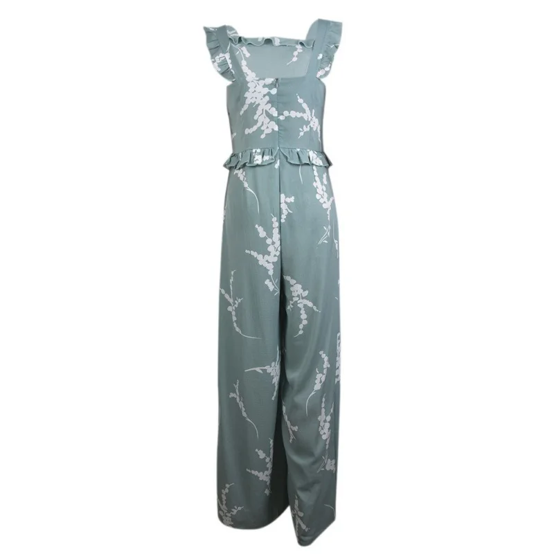 new sexy straps ruffled printed one-piece trousers women vintage backless print female Siamese trousers Lake Blue summer